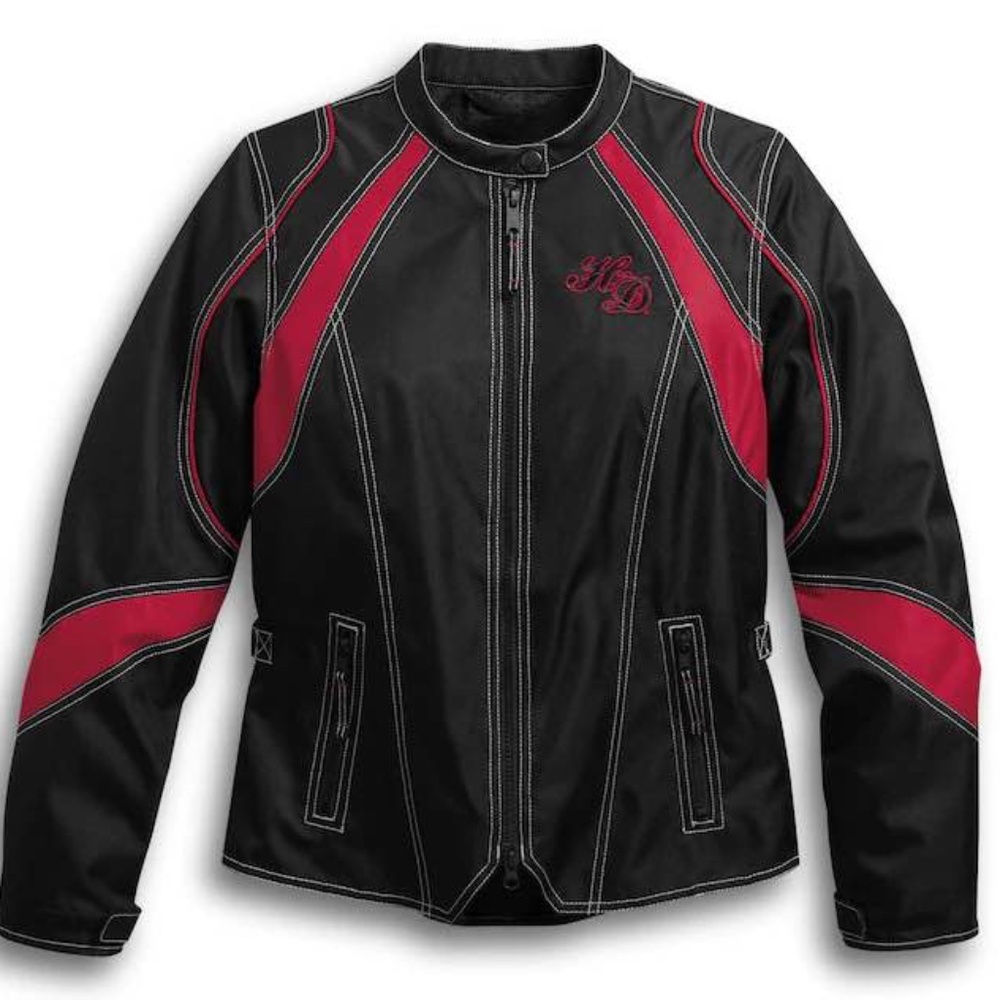 Small Harley-Davidson® Women's Embroidered Skull Riding Jacket, Black/Red reflec